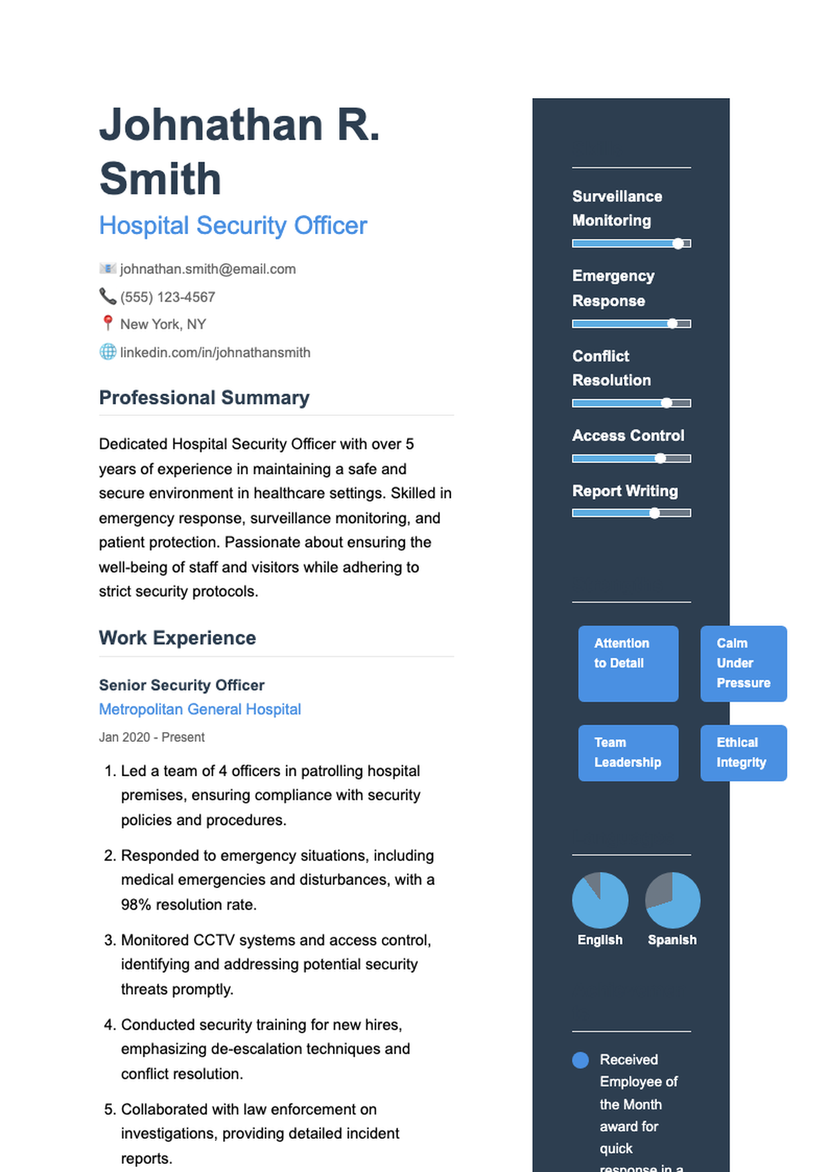 Modern two column hospital security officer resume with skills bar chart and photo_variant_1